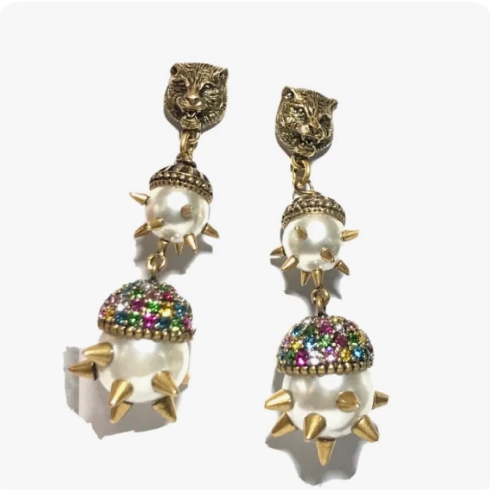 GUCCI Faux Spiked Pearl & Crystal Lion Head Post Drop Earrings AS IS